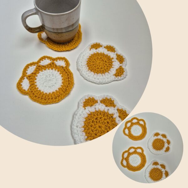 Onderzetters Kattenpoot – Set van 4 (Geel/Wit) | Shop kattenliefde bij vzw Chamour